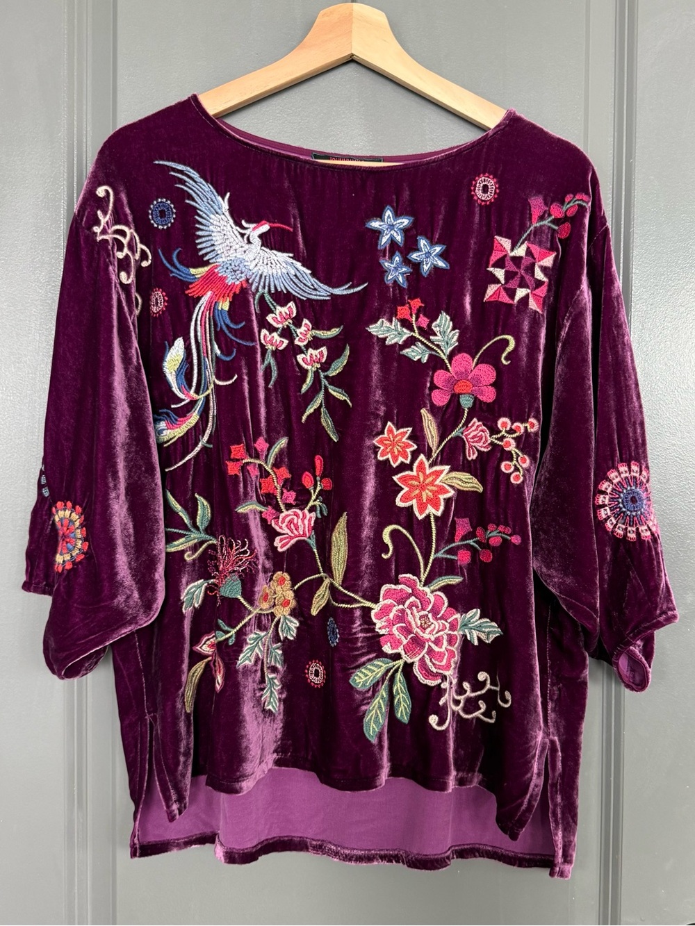 Johnny Was Nikola Purple Velvet Boatneck Bird Floral Embroidered Blouse
